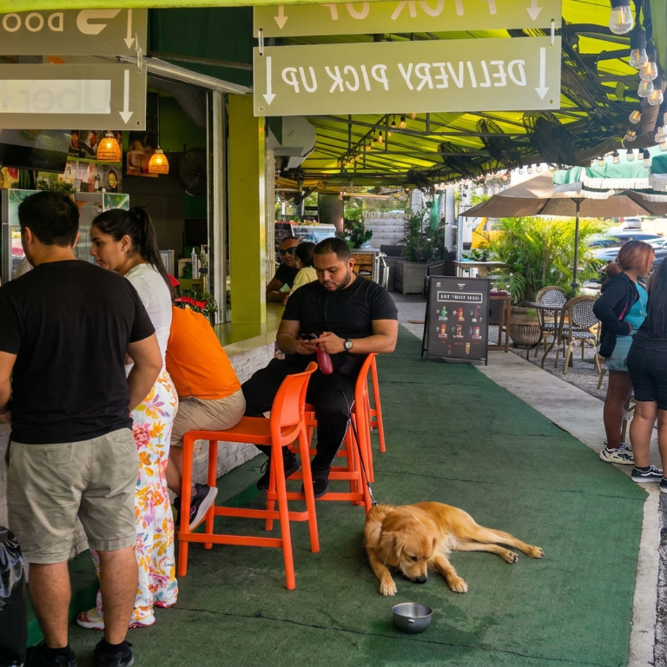 Outdoor restaurant patio with colorful seating, customers, umbrellas, hanging lights, and a golden retriever resting beside a water bowl.
