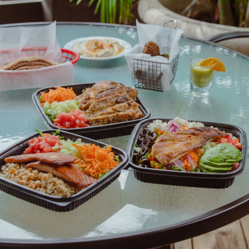 Three takeout bowls of grilled fish, vegetables, grains, and beans sit on a patio table with bread, dip, and citrus water.
