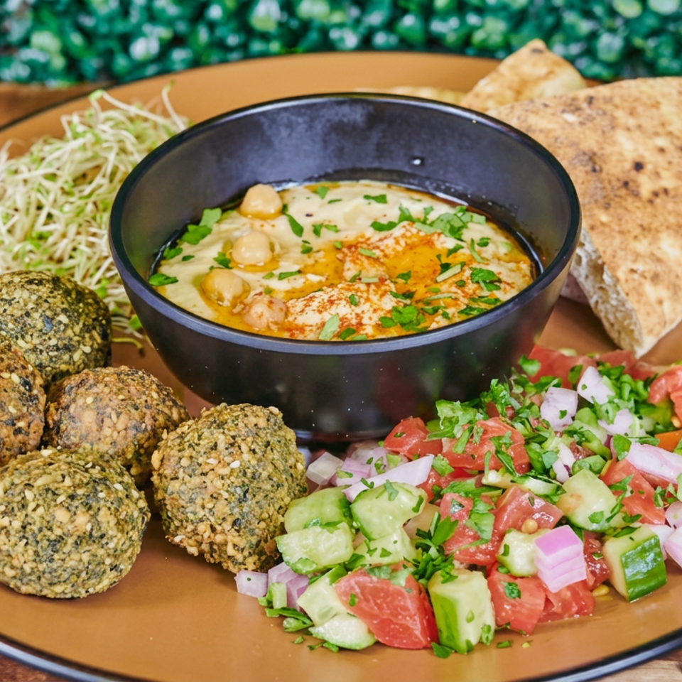 Mediterranean platter with falafel, hummus, pita bread, sprouts, and chopped tomato-cucumber salad on a wooden table.