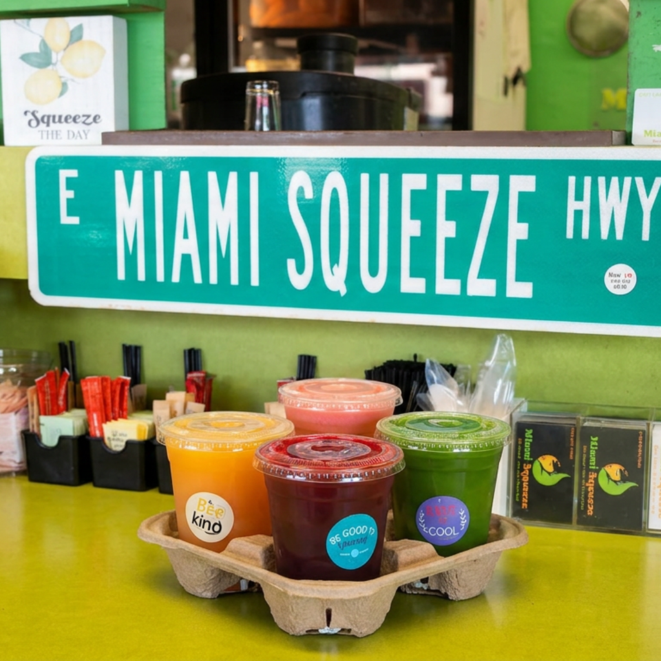 Miami Squeeze counter displaying a large highway sign and four colorful drinks in a cardboard carrier.