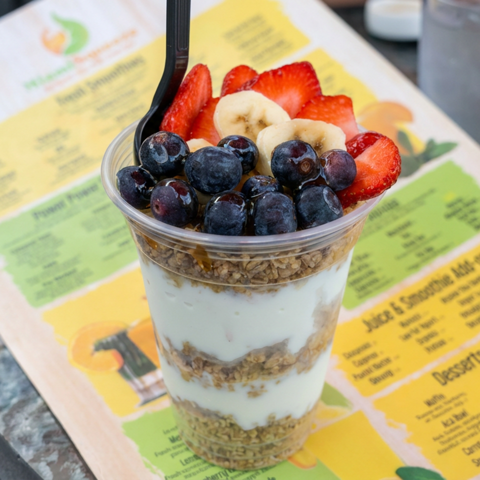 Layered yogurt parfait with granola, blueberries, strawberries, and banana slices on a colorful restaurant menu.